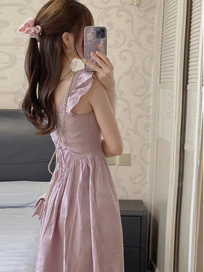 French-style small flying sleeve dress women's summer new waist slimming skirt gentle wind pink temperament long skirt goddess fan