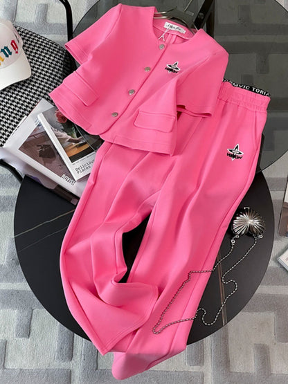 European Station Casual Fashion Suit Women's Summer 2023 New Age-reducing Pink Small Fragrance Short-sleeved Wide-leg Pants Two-piece Set