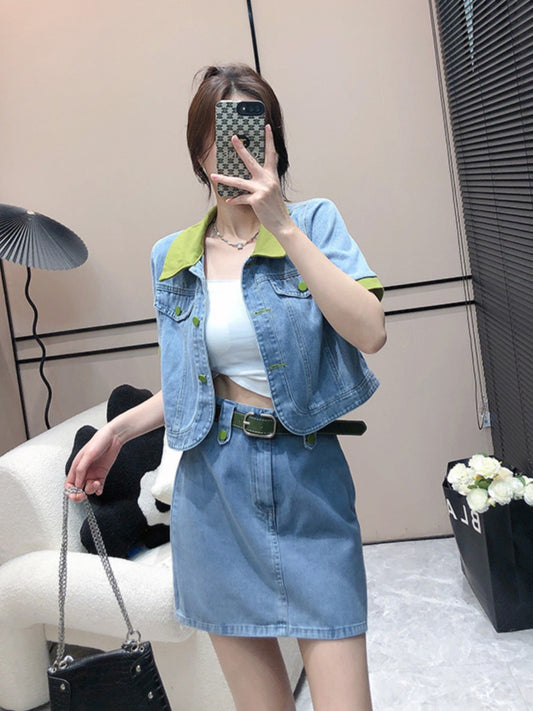 Polo collar contrast color design short denim jacket high waist skirt women's summer 2023 new fashion suit