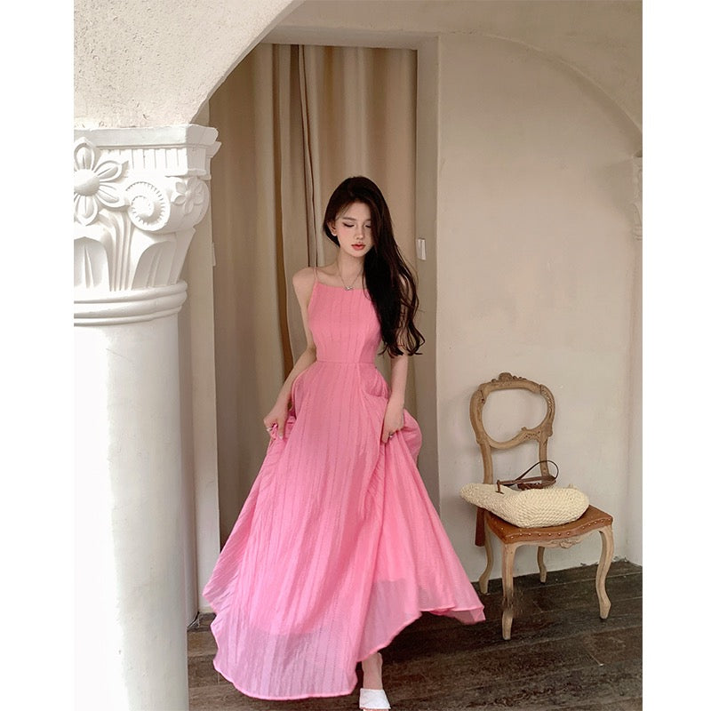Temperament peach pink seaside holiday backless big swing skirt sleeve Lee Nhi Boutique Temperament peach pink seaside holiday backless big swing skirt sleeve Lee Nhi Boutique