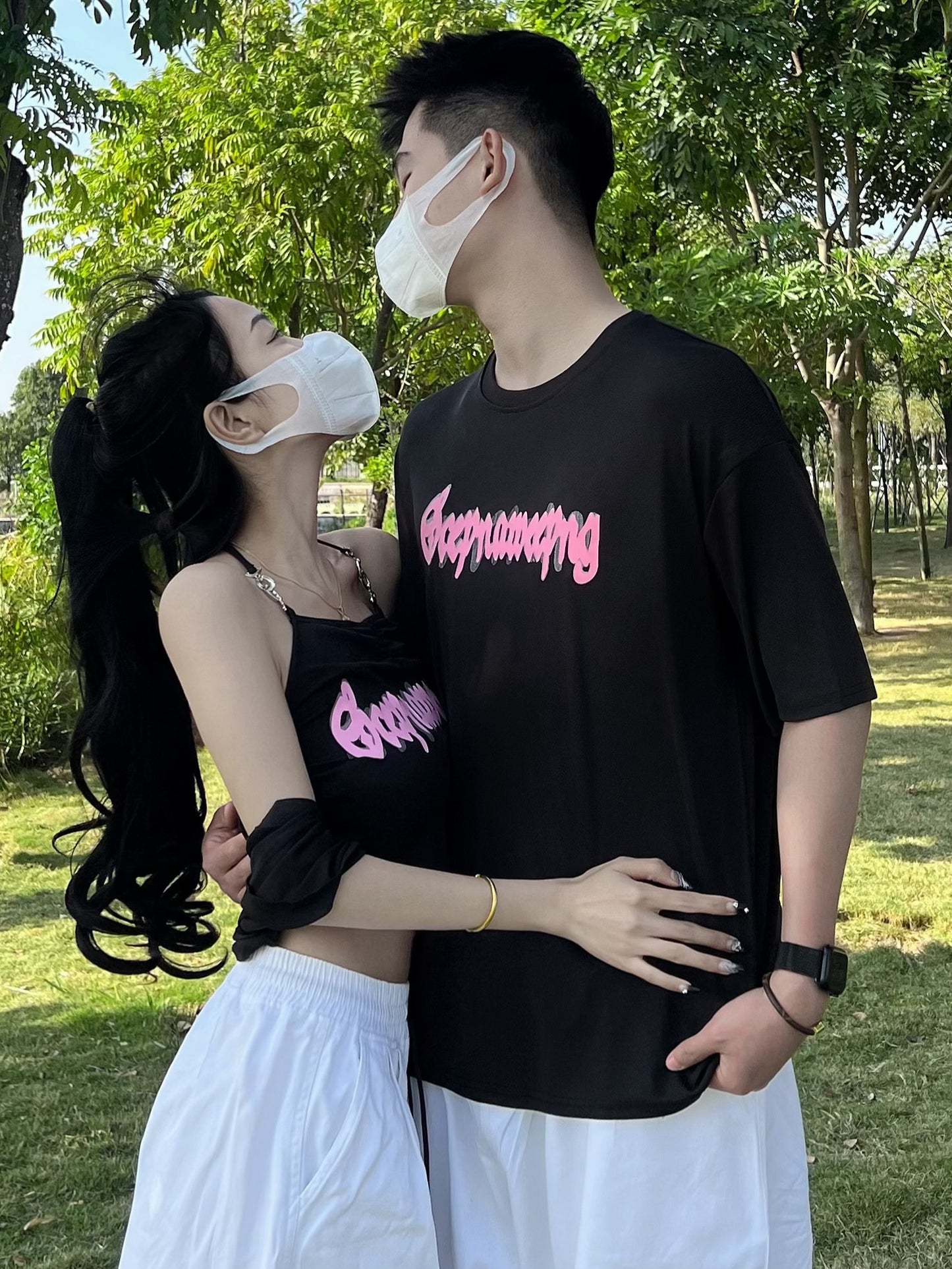 Couple outfit design sense niche pure desire wind suspender short sleeve Korean version one long and one short ins super hot top printing tide