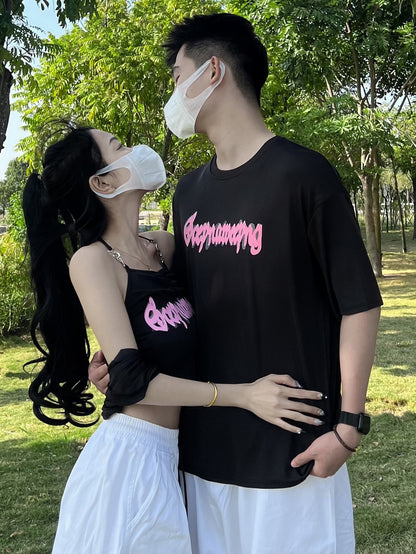 Couple outfit design sense niche pure desire wind suspender short sleeve Korean version one long and one short ins super hot top printing tide