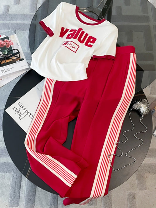 Internet celebrity hot style sports and leisure suit women's summer new Korean style short-sleeved high waist drape red wide-leg pants two-piece set