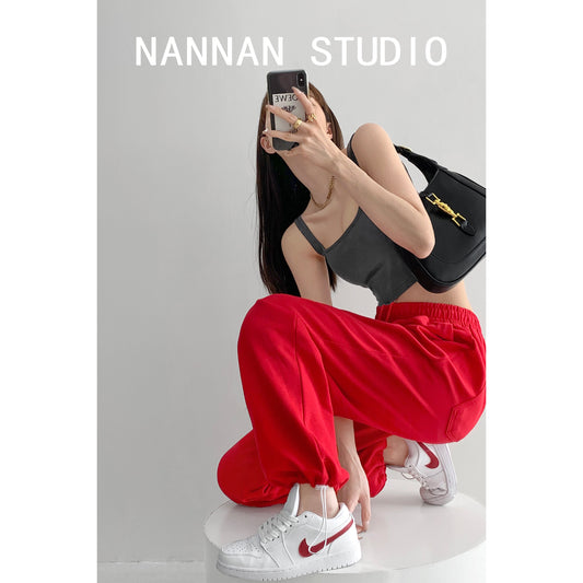 American sweet cool hot girl red loose sports pants women's spring and autumn self-cultivation and slimming pants ins tide high waist legged pants