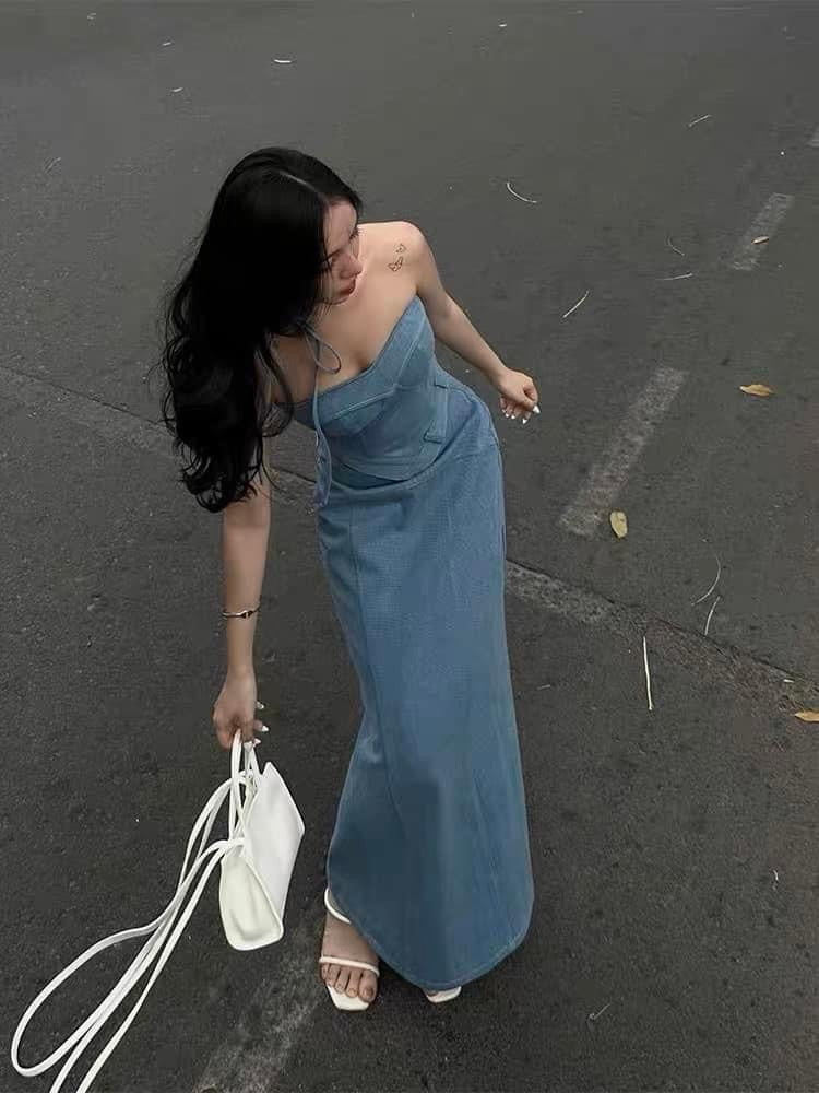 STRIVE/Yumiko Slightly Fat Girl Denim Backless Tube Top Summer Feminine Half Skirt Fried Street Two-piece Set