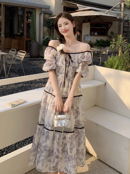 French one-shoulder floral dress women's summer 2023 new temperament waist puff sleeves gentle wind long skirt