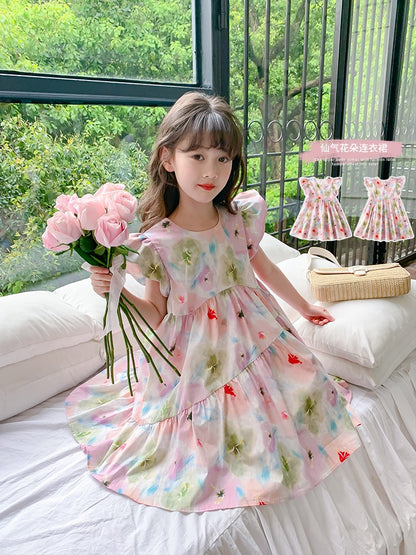 Girls summer dress 2023 new foreign style children's skirt summer little girl summer lotus leaf sleeve princess dress