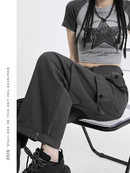 American retro overalls women's summer hot girl design sense multi-pocket high waist loose casual wide-leg straight-leg pants