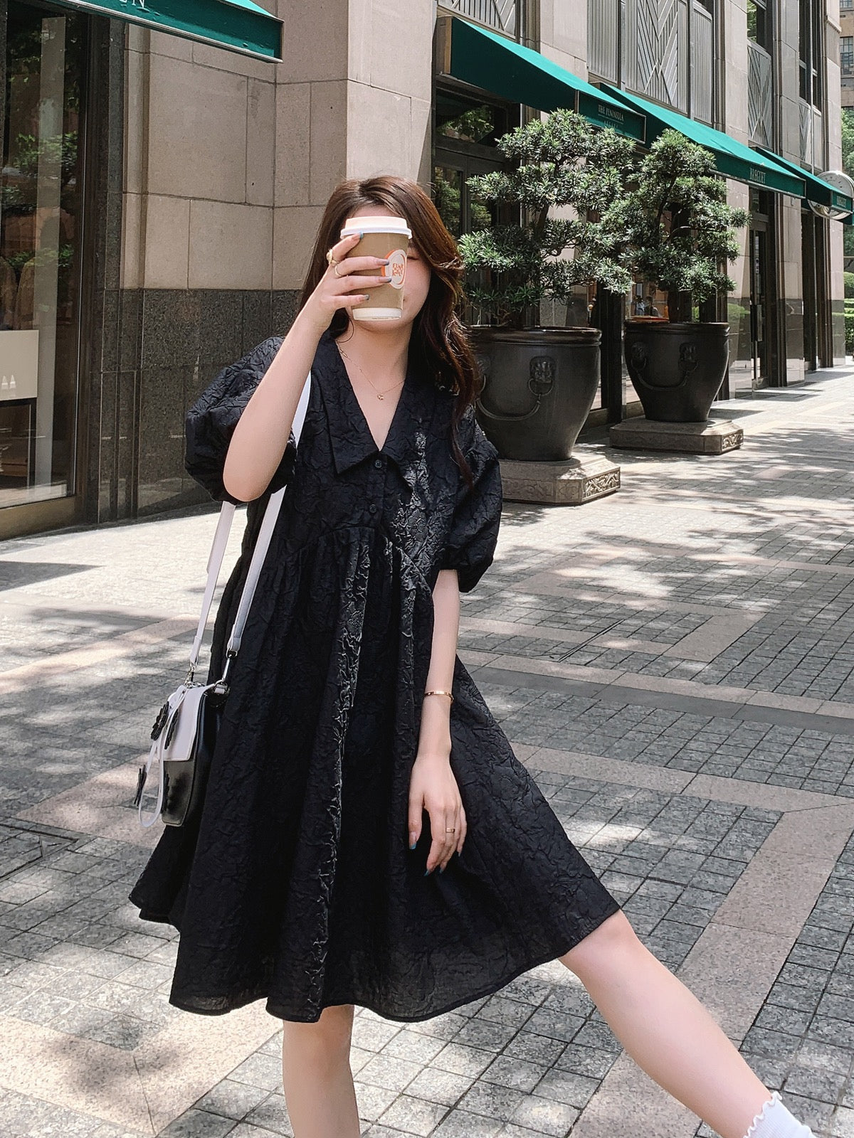Tea break French puff sleeve black dress female summer 2023 new loose casual fashion age-reducing doll skirt