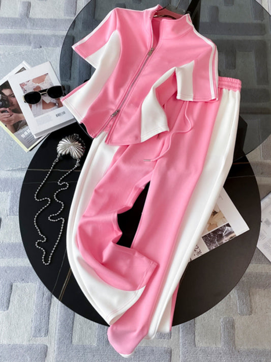 Fashion age-reducing casual sports suit women's summer 2023 new slim-fit short-sleeved foreign-style wide-leg pants temperament two-piece suit