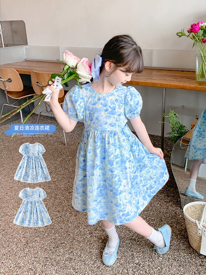Girls summer dress 2023 new foreign style children's skirt summer little girl floral puff sleeve princess dress