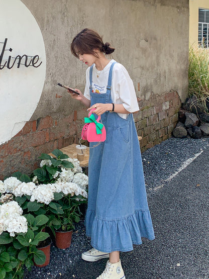 Denim suspender skirt female design sense niche dress summer 2023 new loose retro milk sweet milk long skirt
