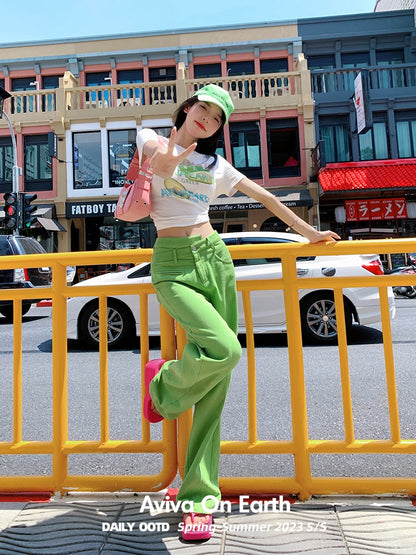 [Earth Shop] Avocado Green Asymmetric Slanted Front High Waist Slim Loose Straight Denim Trousers Women's Summer Versatile