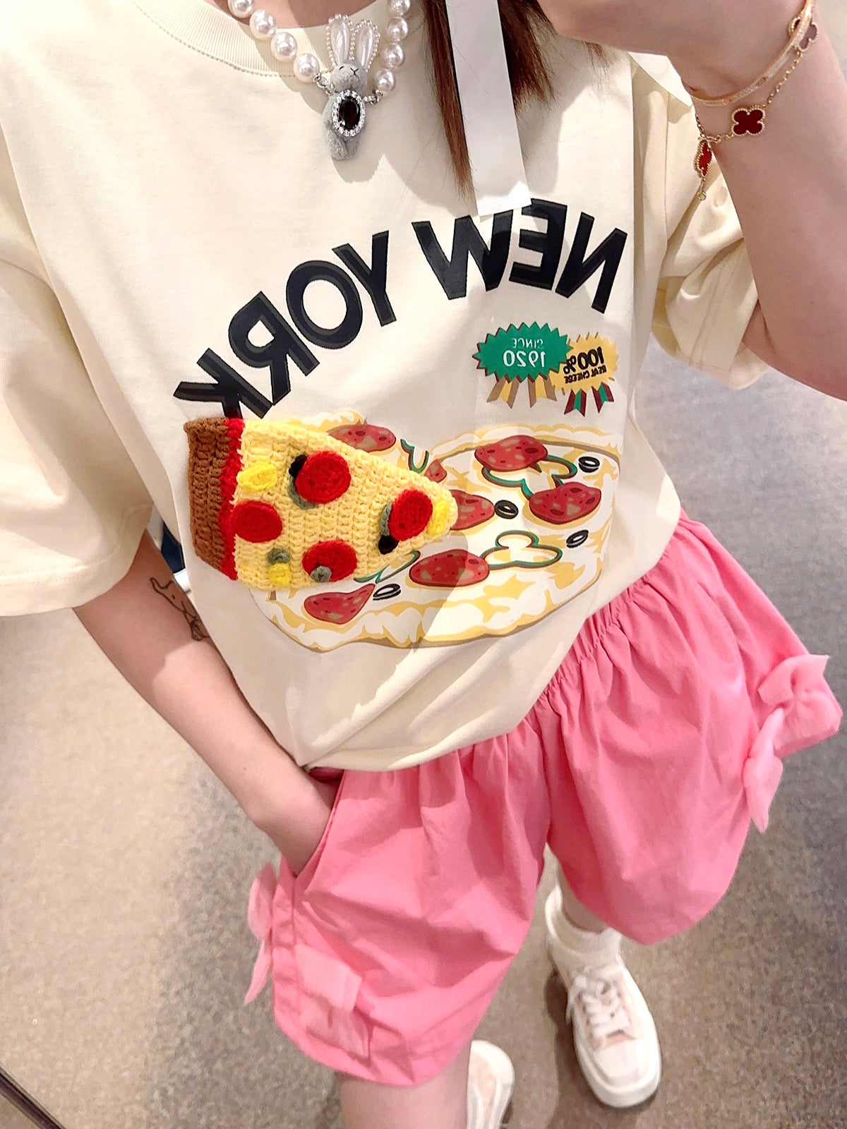 Thebestxue2023 summer new Korean version loose beige pizza pattern crochet short-sleeved t-shirt women's tide