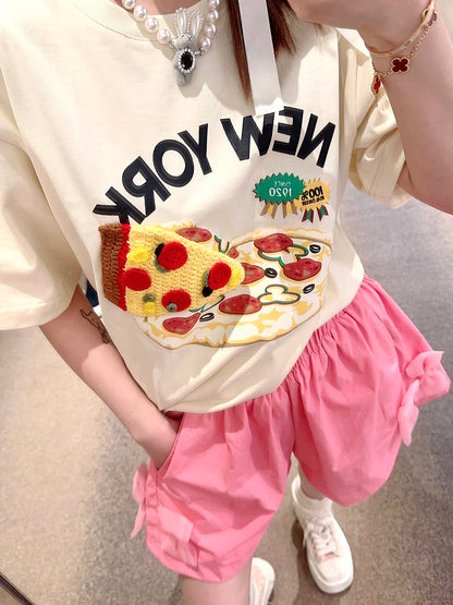 Thebestxue2023 summer new Korean version loose beige pizza pattern crochet short-sleeved t-shirt women's tide