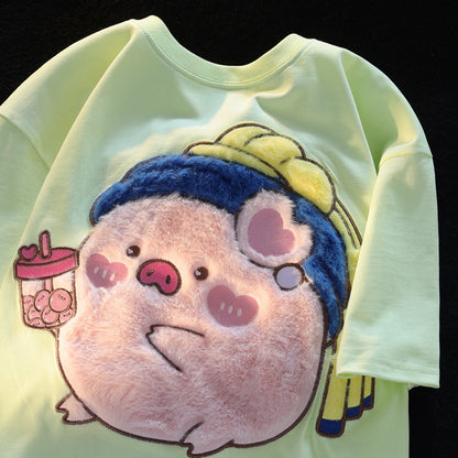 JWNEED piggy couples who love to drink pearl milk tea loose short-sleeved T-shirts for men and women summer ins sweet college style