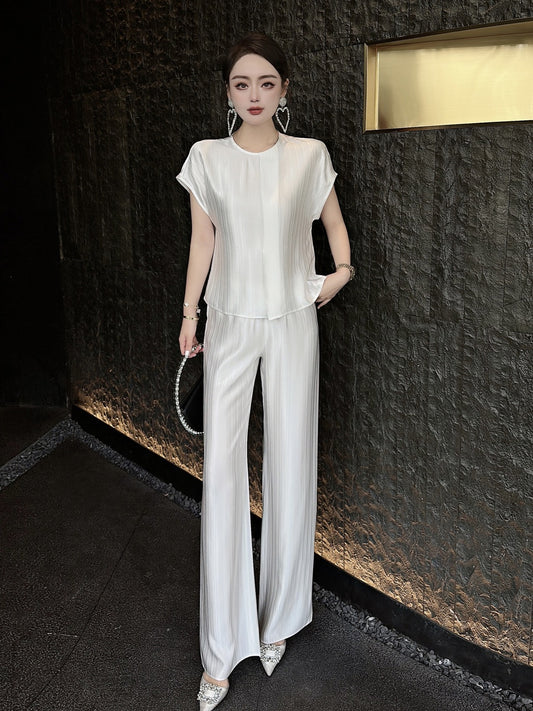 ZEROYK high-end fashion suit women's summer simple temperament round neck pit strip acetate T-shirt wide-leg pants two-piece set