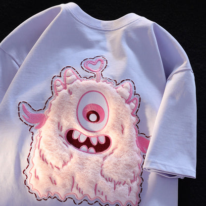 JWNEED pink little monster couple outfit T-shirt men and women summer cute niche plush 3D three-dimensional embroidery short sleeves