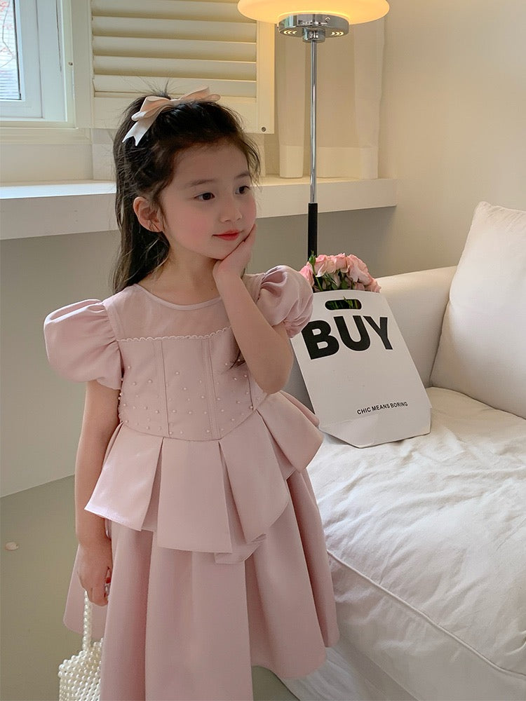 Girls dress 2023 summer new foreign style pink little girl skirt puff sleeve children's birthday princess dress