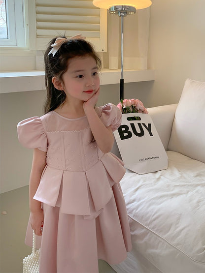 Girls dress 2023 summer new foreign style pink little girl skirt puff sleeve children's birthday princess dress