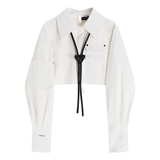 VEGA SUGAR hanging neck two-wear casual loose short long-sleeved shirt women's spring high-quality white shirt