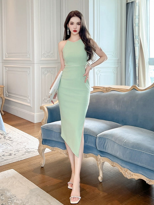 Light and familiar style sleeveless halter neck dress commuting retro design feeling niche light luxury slim slim package hip suspender skirt