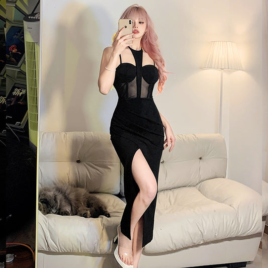 #Sisjuly# Internet celebrity style design sense mesh stitching high slits show thin hanging neck suspender dress long skirt female