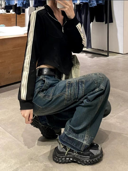 Large size fat mm American retro high waist jeans women's spring and autumn loose slim straight high street wide leg work pants
