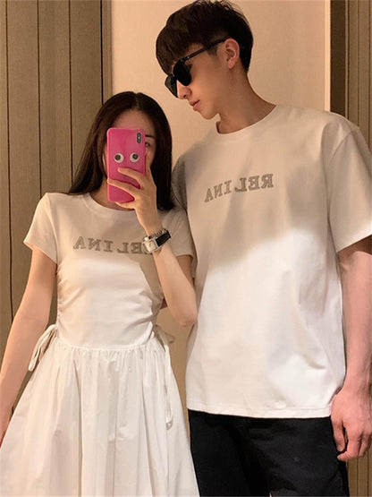 Sister's niche design sense couple outfit summer Korean version of short-sleeved T-shirt dress French one skirt one clothes ins tide