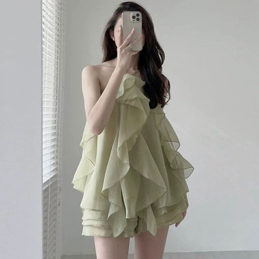 Korean chic summer French retro hanging neck stitching ruffle design sleeveless suspender dress skirt female