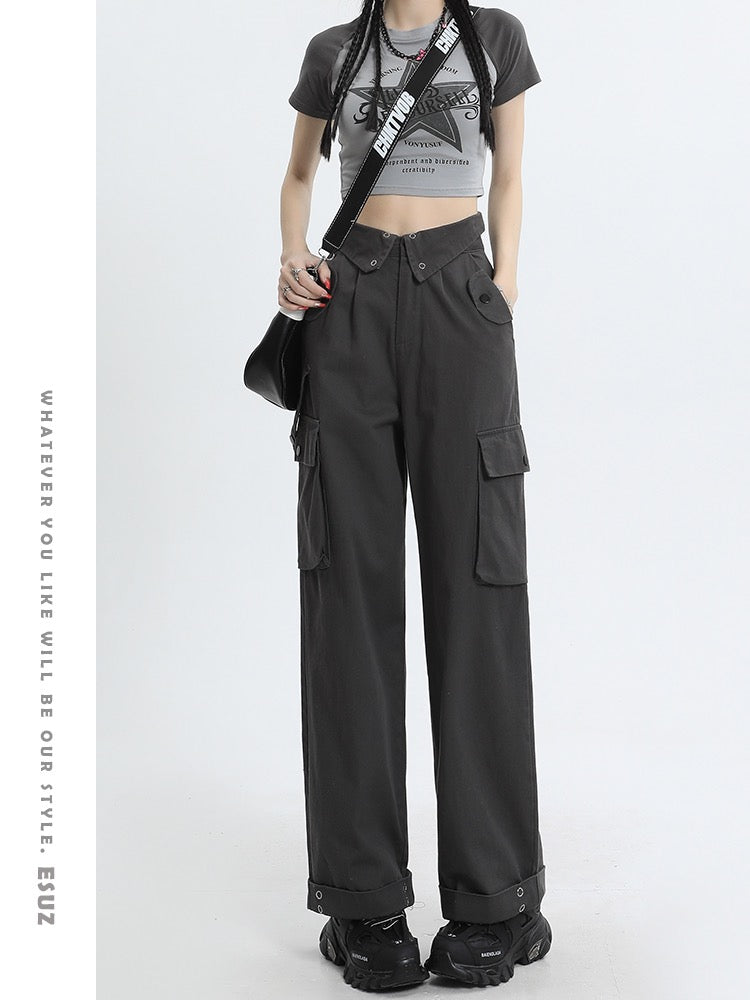 American retro overalls women's summer hot girl design sense multi-pocket high waist loose casual wide-leg straight-leg pants
