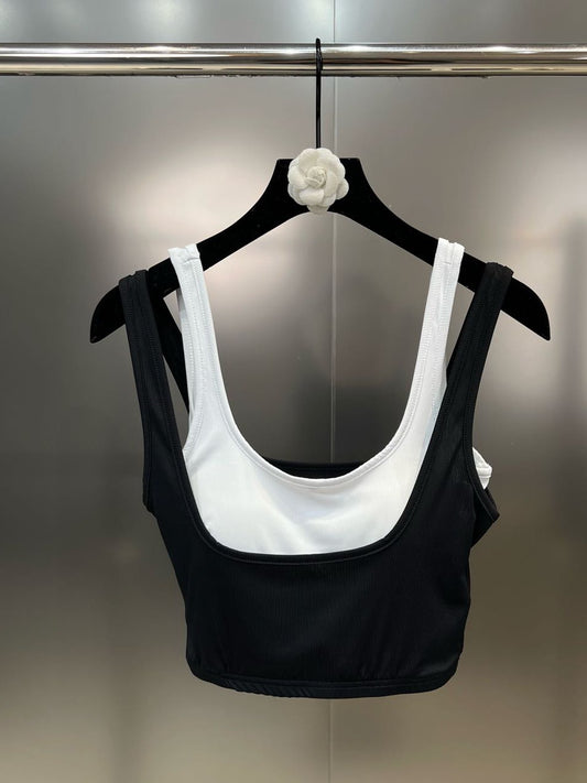 Net red grapefruit MM2023 summer black and white contrast color two-piece splicing three-dimensional chest pad slimming short strap tide