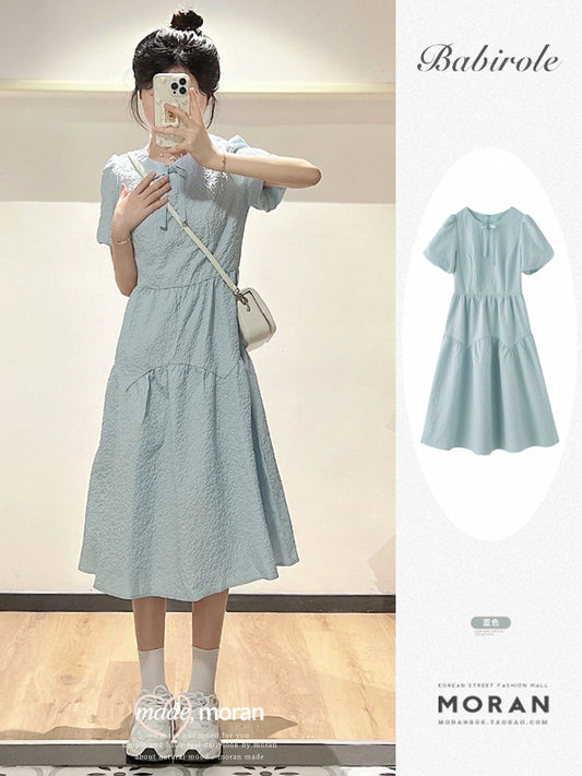 High-end salty blue bowknot long skirt summer new sweet style playful and lively milk obedient dress for women