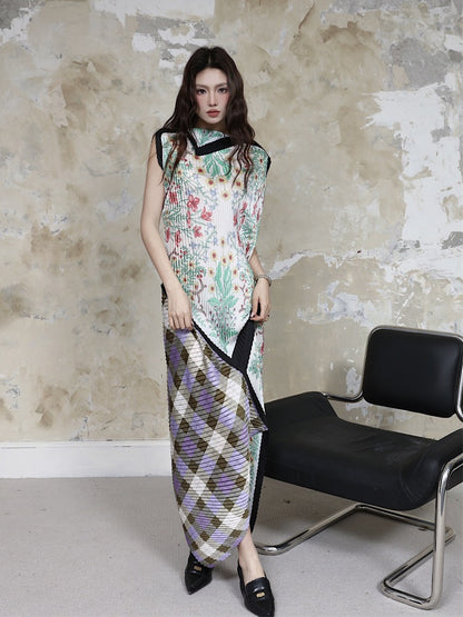 2023 summer niche design sense purple lattice flower irregular design pleated skirt high collar silk scarf skirt