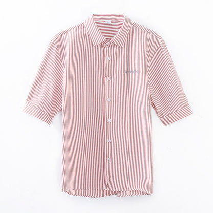 LUUD Original Light Luxury Casual Striped Shirt Trendy Men's Simple Versatile Lapel Inch Clothes Mid-Sleeve Embroidered Shirt Summer