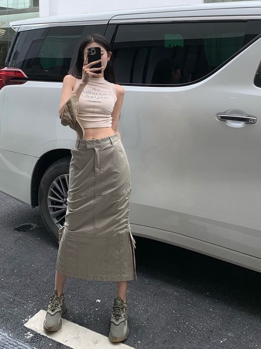 Gray slit tooling skirt women's summer 2023 new retro small a-line high waist mid-length skirt