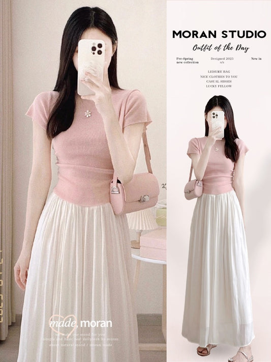 Wear tea with a whole set of summer complete set with age-reducing suit top chiffon skirt two-piece suit small man