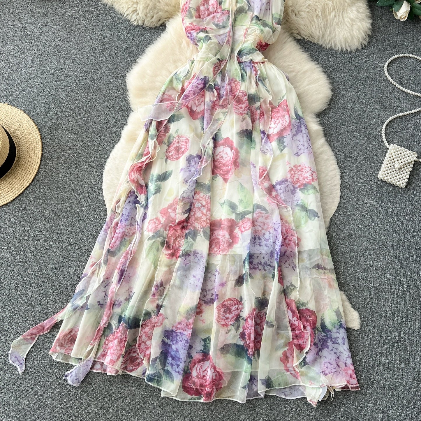 Chiffon suspender dress women's summer 2023 new high-end French floral skirt slim temperament holiday skirt