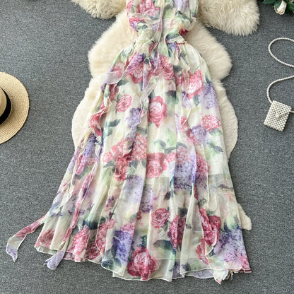 Chiffon suspender dress women's summer 2023 new high-end French floral skirt slim temperament holiday skirt