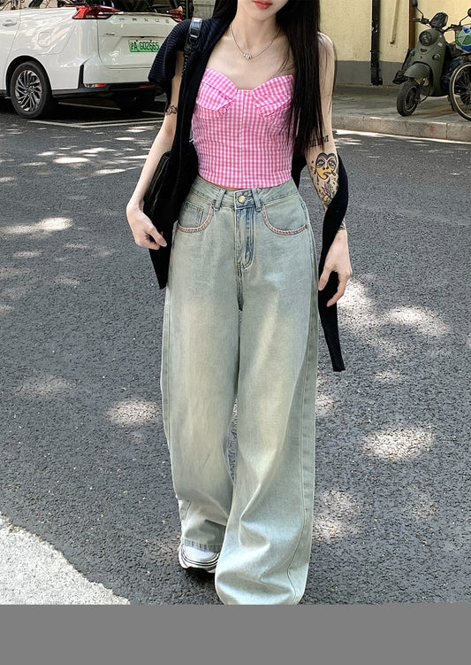 Old retro washed jeans women's summer high-waisted straight-leg pants wide-leg pants mopping the floor loose drape long pants trendy
