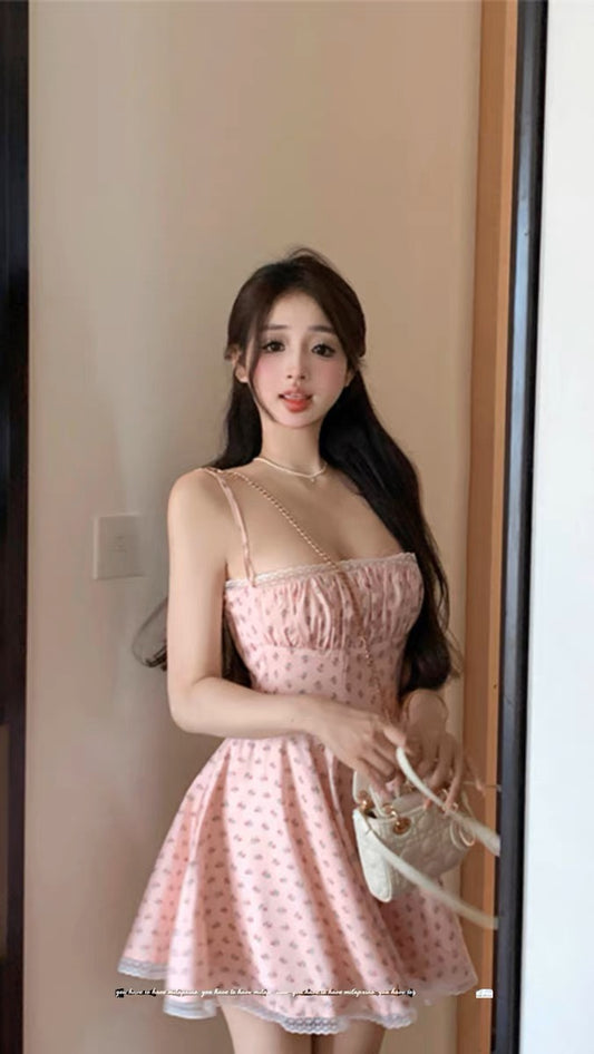Sansanjia pink floral lace pure desire wind slim suspender dress summer sweet ruffled skirt female