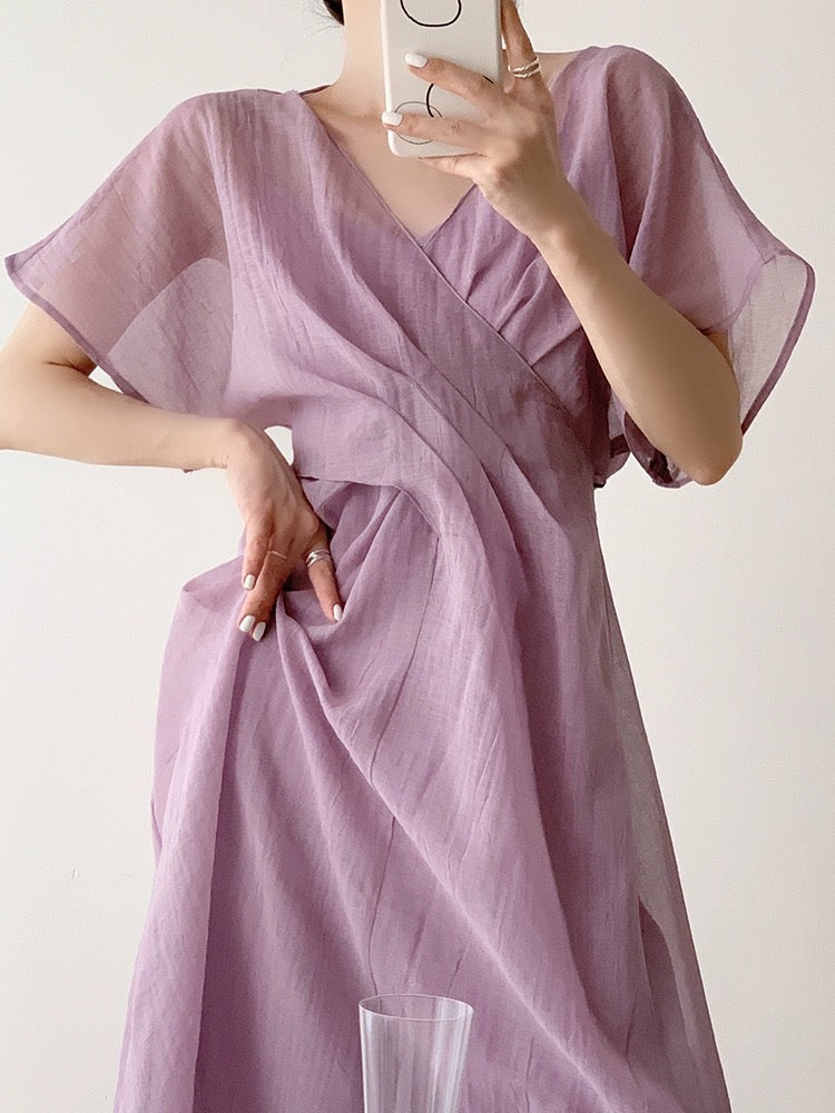 ICTS Half Poetic Half Fireworks Dry Pink Rose Cross Neck Pleated Elegant Translucent Skin-Revealing Dress