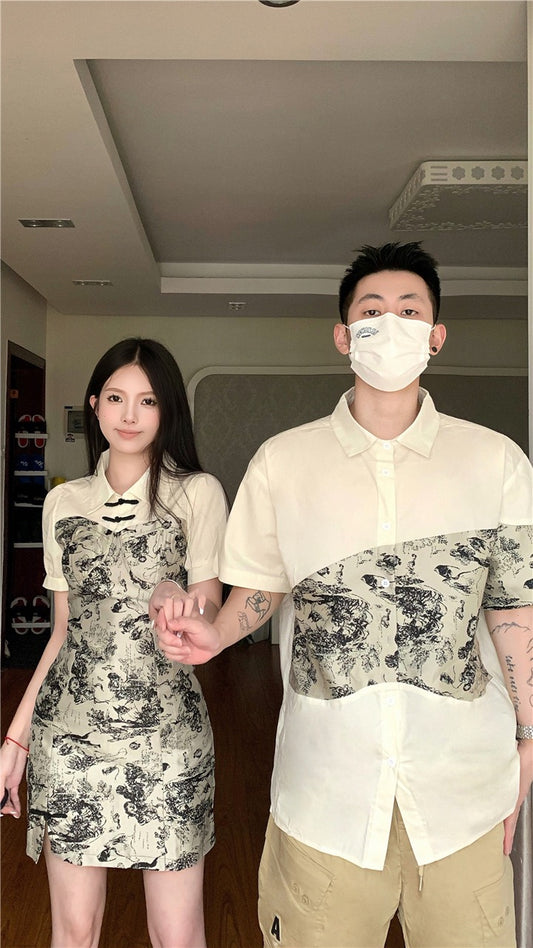 Niche design sense couple outfit summer Korean version short-sleeved shirt women's cheongsam dress French one skirt one national trend