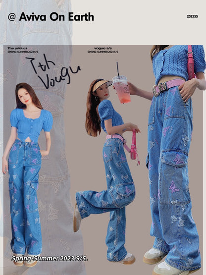 [Earth Shop] Heavy Industry Butterfly Embroidery Light Blue Tooling Style Narrow High Waist Loose Straight Jeans Women's Summer
