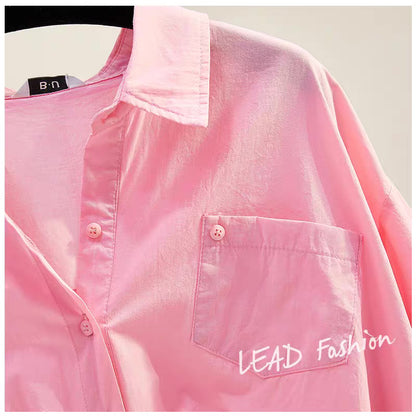 Rose red pleated pullover short-sleeved shirt women 2023 summer new Korean version single pocket casual literary shirt top