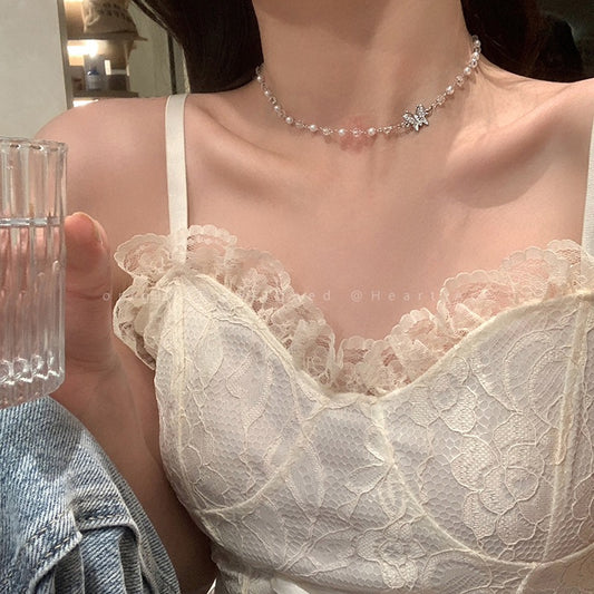 Pearl crystal butterfly necklace women's summer light luxury niche design sense advanced clavicle chain choker neck necklace necklace