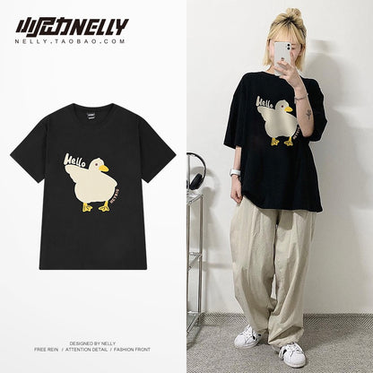 American oversize trendy brand cartoon duckling print short-sleeved t-shirt men's all-match casual loose cotton half-sleeves
