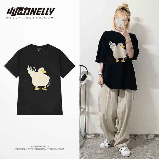 American oversize trendy brand cartoon duckling print short-sleeved t-shirt men's all-match casual loose cotton half-sleeves