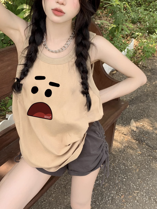 Khaki shoulder sleeveless t-shirt female summer music festival wear French sweet babes camisole vest shoulder top