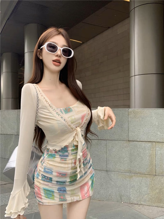 Pure desire wind printed suspender dress female summer hot girl slim waist bag hip skirt small temperament skirt